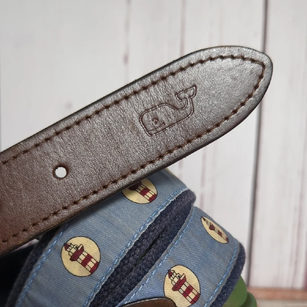 Vineyard Vines Lighthouse Belt Brown Leather and Blue‎ Canvas Size 32 Nautical